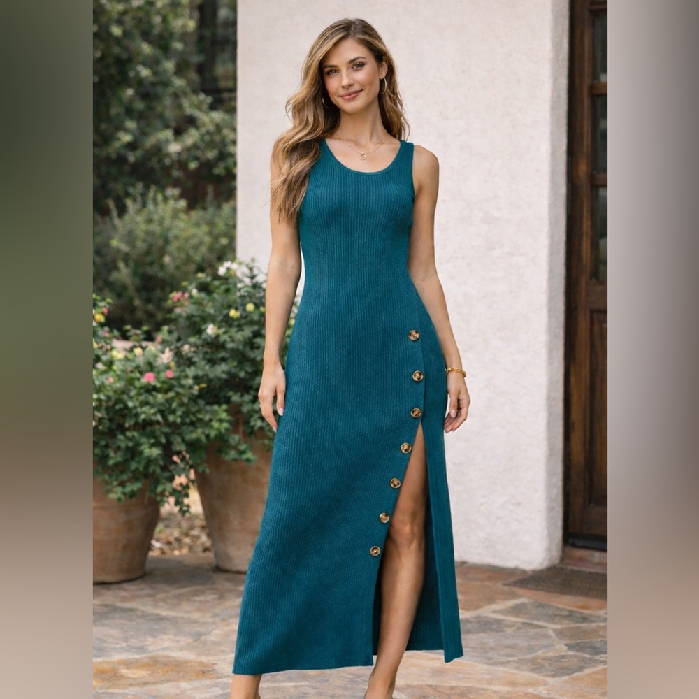 Deep Teal Blue Sleeveless Maxi Dress with Button Accents